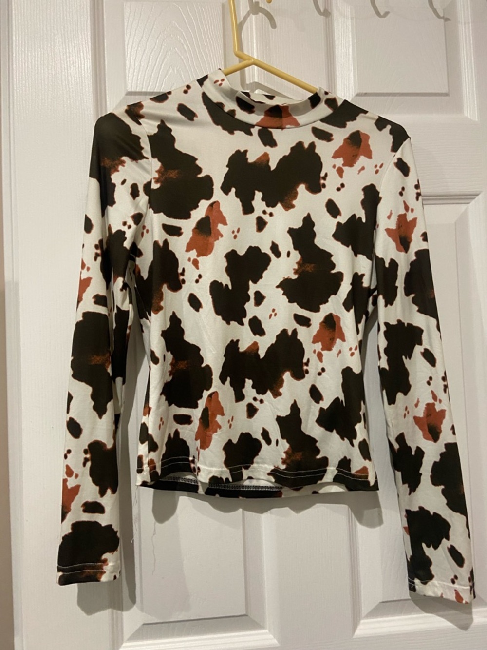 SHEIN White Long Sleeve Cow Spot Top with Brown & Rust Accents